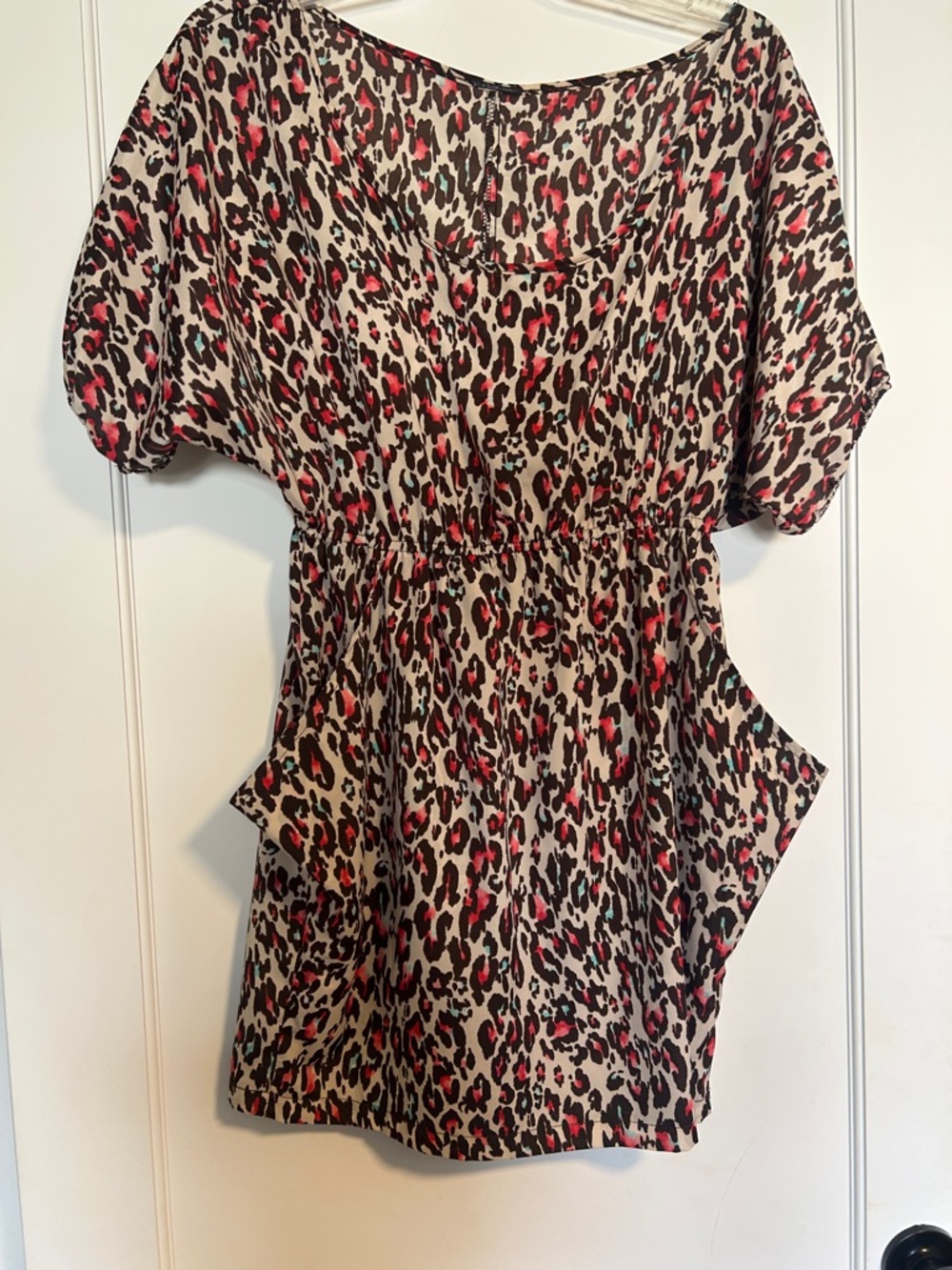 Leopard Print Short Sleeve Tunic - Black, Beige & Red